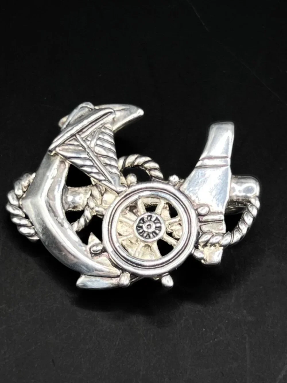 Vintage Nautical Anchor Brooch or Pendant Silver-Toned Metal Signed MJ